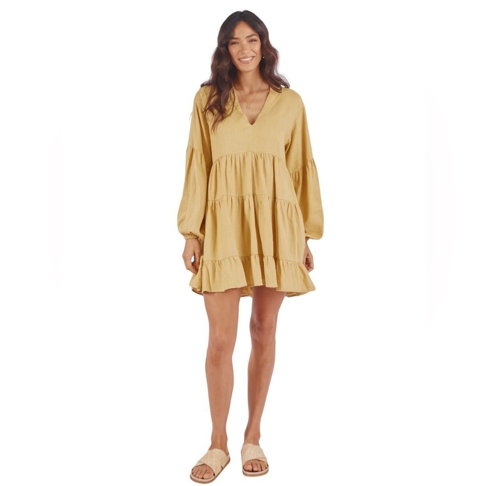 NEW Girl and the Sun Gold Gala Mini Dress Balloon Sleeve Linen Blend MSRP $130